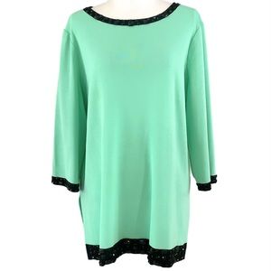 Ming Wang Women’s Top XL Knit Tunic Green Black Beaded Party #/4 Sleeve